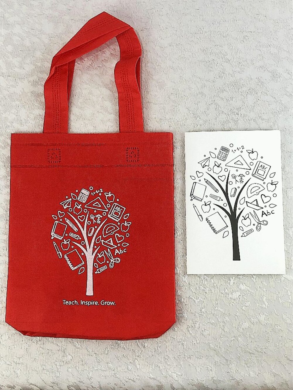 Staples Set “Teach. Inspire. Grow.” Red Tote Bag & Lined Journal/Notebook NWT